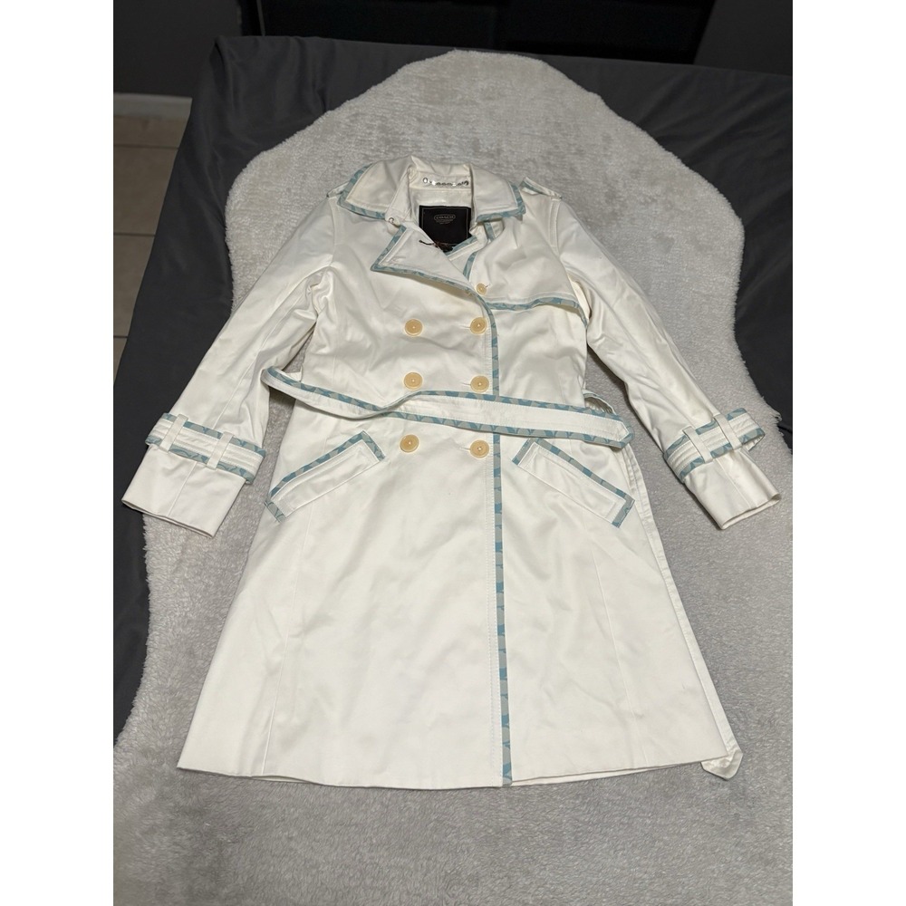 Coach Double Breast White Trench Coat Belt Size 2 Jacket